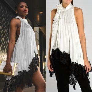 NWT Self-Portrait Pleated Ivory Wrap Top Lace Hem White Black Medium